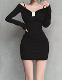 LOURDASPREC-Vacation Outfits Ins Style Bow Knot Off Shoulder Long Sleeve Bodysuit Dress