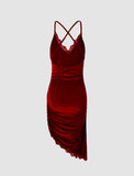 LOURDASPREC-Vacation Outfits Ins Style Red Lace Trim Cross Cami Suede Dress