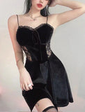 LOURDASPREC-Vacation Outfits Ins Style Lace Patch Velvet Party   Cami Little Black Dress