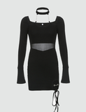 LOURDASPREC-Vacation Outfits Ins Style Mesh Panel Cutout Long Sleeve Black Bodycon Short Dress