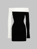 LOURDASPREC-Vacation Outfits Ins Style Black&White Stitching Off-the-shoulder Knitted Dress