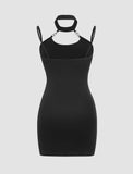 LOURDASPREC-Vacation Outfits Ins Style Halter Neck Chain Summer   Black Mini Bodycon Dress