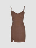 LOURDASPREC-Vacation Outfits Ins Style Brown Long Sleeve Sweater Crop Top And Slip Dress Set