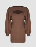 LOURDASPREC-Vacation Outfits Ins Style Brown Long Sleeve Sweater Crop Top And Slip Dress Set