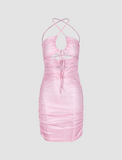 LOURDASPREC-Vacation Outfits Ins Style Pink Cut Out Ruched Jumper Tie Mini Dress