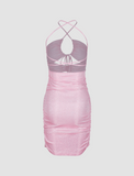 LOURDASPREC-Vacation Outfits Ins Style Pink Cut Out Ruched Jumper Tie Mini Dress