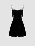 LOURDASPREC-Vacation Outfits Ins Style Lace Patch Velvet Party   Cami Little Black Dress