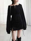 LOURDASPREC-Vacation Outfits Ins Style Black Off-The-Shoulder Drawstring Ruched Dress For