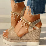 LOURDASPREC- Wedge sandals with bead-studded platform buckle