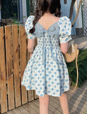 LOURDASPREC-Vacation Outfits Ins Style Floral Bowknot Puff Dress