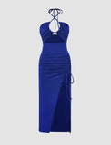 LOURDASPREC-Vacation Outfits Ins Style Drawstring Halter Slit Dress