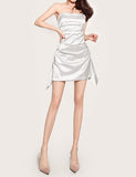 LOURDASPREC-Vacation Outfits Ins Style Strapless Irregular Hem Ruched Satin Short Prom Dress