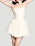 LOURDASPREC-Vacation Outfits Ins Style Pleated Bandeau Cami White Wedding Guest Short Dresses