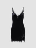 LOURDASPREC-Vacation Outfits Ins Style Black Lace Side Split Summer Slip Short Dress For