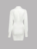 LOURDASPREC-Vacation Outfits Ins Style Tie Ruched Lapel Summer White Blouse Short Dress