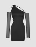 LOURDASPREC-Vacation Outfits Ins Style One Shoulder Mesh Sleeve Evening Party   Short Dress