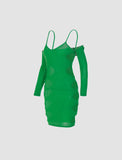 LOURDASPREC-Vacation Outfits Ins Style Green Side Cutout Long Sleeve Vest Cami Dress