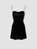 LOURDASPREC-Vacation Outfits Ins Style Lace Patch Velvet Party   Cami Little Black Dress