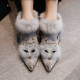 fall boots Real Rabbit Fur Women's Winter Fleece-lined Fox Fur Shoes Women's Warm Outer Wear Mid Heel Fashion British Style Chunky Heel Short Boots Women