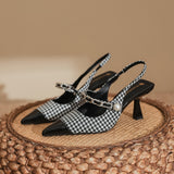 LOURDASPREC-Graduation Gift Big Sale  Women's Pearl High Heels 2022 Summer Square Toe Pumps for Women Vintage Plaid Buckle Lady Sandals Mid Heel Female Pumps