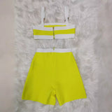 fall 2024 fashion trends Women's New Bright Yellow Bandage Dress Suit Gold Lion Button Small Top Shorts Retro