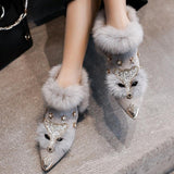 fall boots Real Rabbit Fur Women's Winter Fleece-lined Fox Fur Shoes Women's Warm Outer Wear Mid Heel Fashion British Style Chunky Heel Short Boots Women