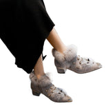 fall boots Real Rabbit Fur Women's Winter Fleece-lined Fox Fur Shoes Women's Warm Outer Wear Mid Heel Fashion British Style Chunky Heel Short Boots Women