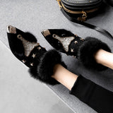 fall boots Real Rabbit Fur Women's Winter Fleece-lined Fox Fur Shoes Women's Warm Outer Wear Mid Heel Fashion British Style Chunky Heel Short Boots Women