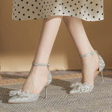 LOURDASPREC-Elegant Silver High Heels Pumps Women  Autumn Plus Size 42 Ankle Straps Party Shoes Woman Pointed Toe Bowtie Wedding Shoes