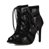 Lourdasprec Large High Heel Dance Shoes European and American Mesh Breathable Cross Strap Short Sleeve 2023 Summer Fashion Sandals