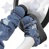 LOURDASPREC-Y2K Star Print Chunky Platform Ankle Boots Women  New Metal Chain Blue Denim Boots Woman Cute Thick Bottom Jk Lolita Shoes