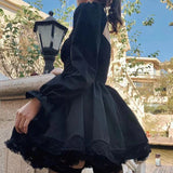 LOURDASPREC-Long Sleeves Lolita Black Dress Goth Aesthetic Puff Sleeve High Waist Vintage Bandage Lace Trim Party Gothic Clothes Dress Woman