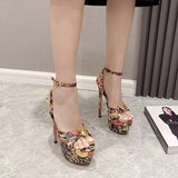 LOURDASPREC-Graduation Gift 16CM Super High Heels Sandals Women Open Toe Platform Butterfly Decoration Narrow Band Printed Ankle Buckle Strap Banquet Shoe