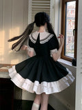 LOURDASPREC-Black Dress Women Bow Japanese Cute Lolita Dress Women Sweet lace Puff Sleeve Student Dresses Party Sailor Collar Kawaii Dress