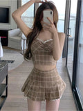 LOURDASPREC-Plaid suit women camisole + short skirt two-piece sets summer new temperament vintage lace patchwork sleeveless suit trend