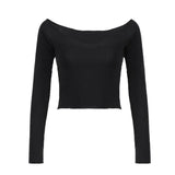 Lourdasprec- Off Shoulder Women Solid Crop Top Autumn Casual Long Sleeve Big O-neck Fitted Tshirt Korean Style Outfits Ladies