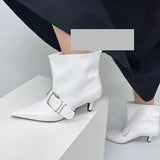 Lourdasprec-Pointed Toe Metal Buckle Strap Short Boots For Female Women Thin High Heel 2024 New Leather Fabric Elegant Sexy Winter Shoes