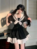 LOURDASPREC-Black Dress Women Bow Japanese Cute Lolita Dress Women Sweet lace Puff Sleeve Student Dresses Party Sailor Collar Kawaii Dress