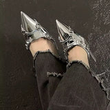 LOURDASPREC-Y2K Silver High Heels Sandals Women Summer 2024 Punk Goth Pointed Toe Party Shoes Woman Metallic Thin Heeled Dress Pumps Ladies