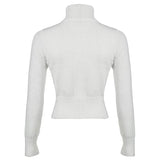 Lourdasprec- Women Letter Print Slim Zipper Sweater Turtleneck White Basic Long Sleeve Knitted Cardigan Coat Autumn Winter Outfits