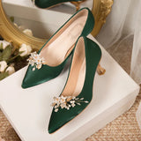 LOURDASPREC-Flowers Pointed Toe Pumps for Women  New Green Silk Low Heels Shoes Woman Slip on Thin Heeled Lady Shoes Green Party Shoes