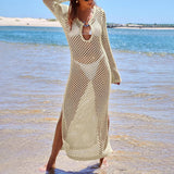 LOURDASPREC Women Crochet Cover Up Long Dress Long Sleeve Backless Hollow Out Maxi Dress See Through Beach Bikini Swimsuit Dress