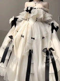LOURDASPREC-Women Elegant Off Shoulder Princess Dress Sweet Kawaii Lolita Dress Gorgeous Bowknot Flower Tunic Mesh Fantastic Fairy Dress