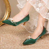 LOURDASPREC-Flowers Pointed Toe Pumps for Women  New Green Silk Low Heels Shoes Woman Slip on Thin Heeled Lady Shoes Green Party Shoes
