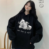 Lourdasprec Black Cute Bear Print Sweatshirt Hoodie Hip Hop Cartoon Sweatshirt Winter Oversized Harajuku Loose Anime Coats Streetwear