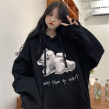 Lourdasprec Black Cute Bear Print Sweatshirt Hoodie Hip Hop Cartoon Sweatshirt Winter Oversized Harajuku Loose Anime Coats Streetwear