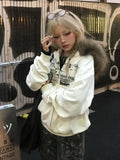 Lourdasprec-Simplicity Korean Street Trend Girl Classic Hoodies Y2k Fun Design Zip Up Fur Collar Sweatshirts Autumn\winter Cardigan Jacket