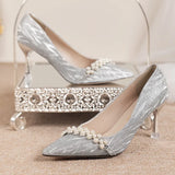 LOURDASPREC-Shiny Glitter High Heels Pumps Women  Autumn Luxury Pearl Stiletto Heeled Designer Shoes Woman Pointed Toe Silver Party Shoes