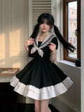 LOURDASPREC-Black Dress Women Bow Japanese Cute Lolita Dress Women Sweet lace Puff Sleeve Student Dresses Party Sailor Collar Kawaii Dress