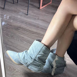 LOURDASPREC-Pointed Toe Denim Women Western Cowboy Boots Fashion Slip On Short Booties Retro Style Autumn Winter Female Shoes